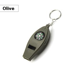 4 In 1 Emergency Survival Whistle With Compass Thermometer Magnifier For Hiking Camping Hunting Fishing (Color: OLIVE)